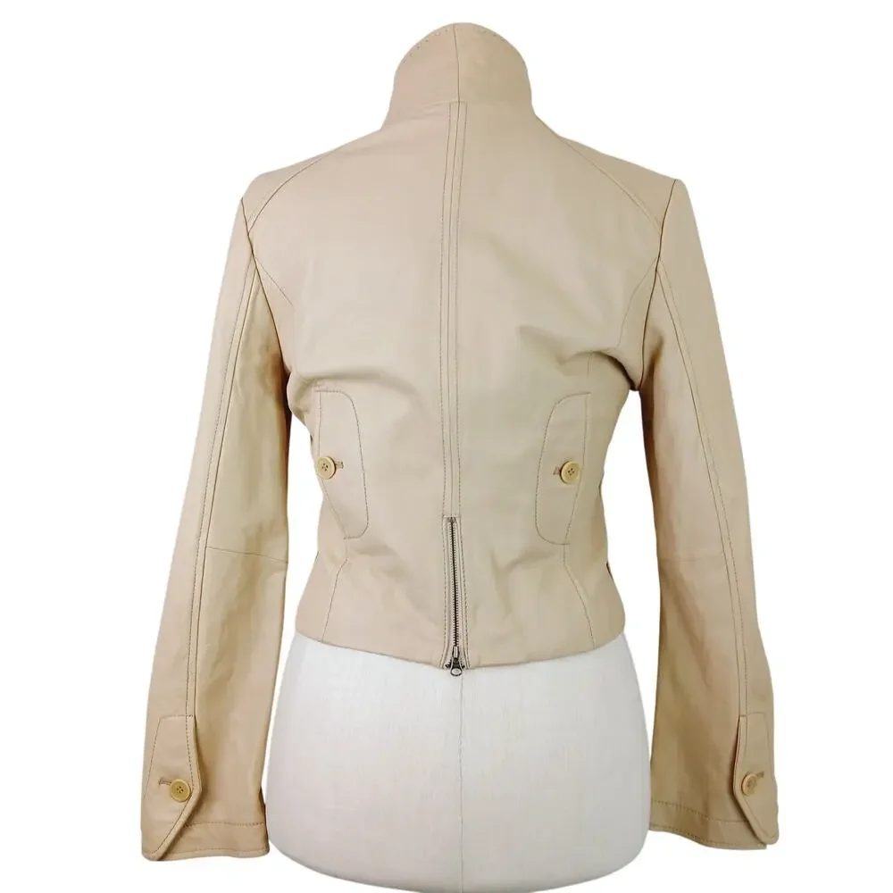 BCBGMAXAZRIA SZ L 100% Leather Butter Tan Short 3 Button Collared Jacket Pockets
